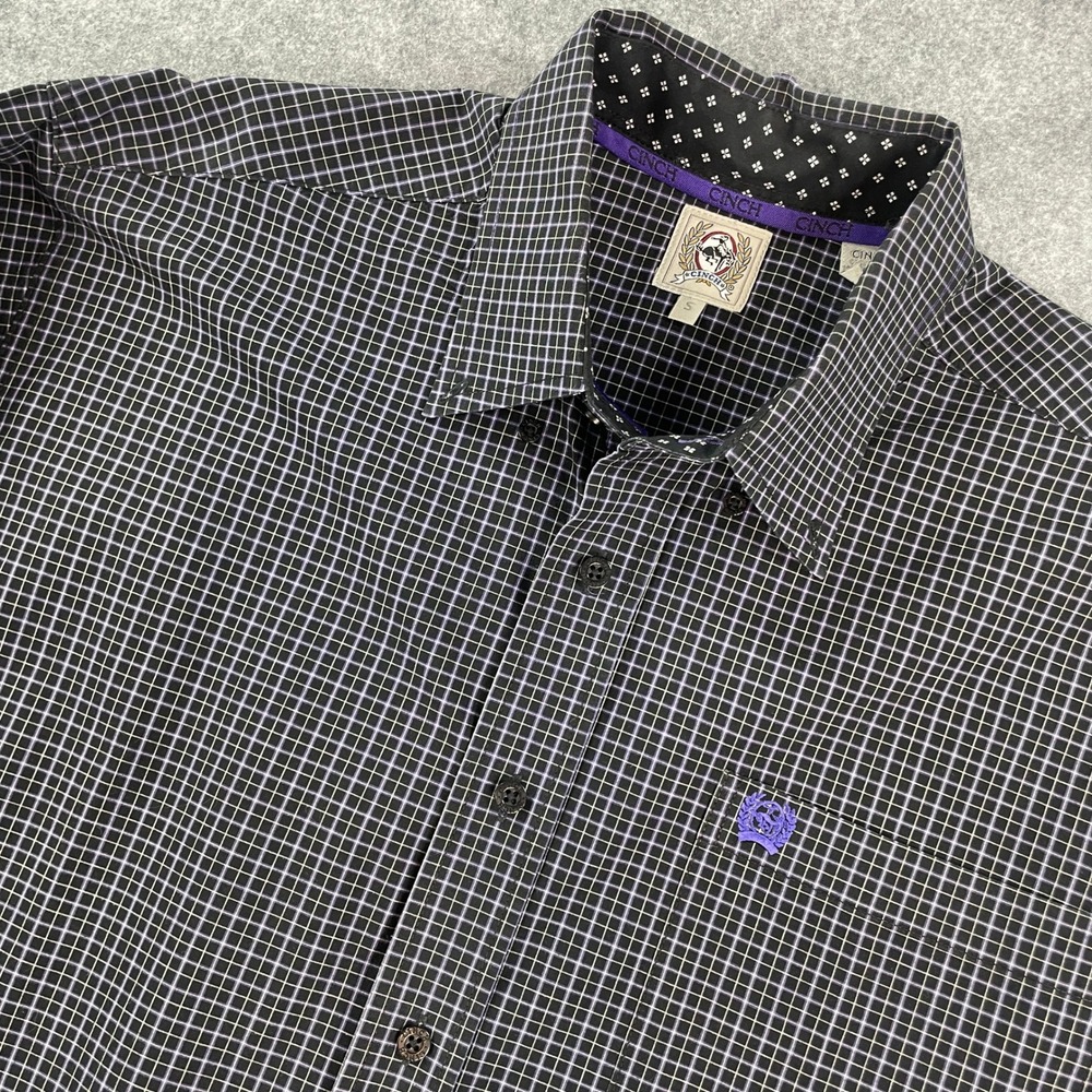 Cinch Mens Button Down Shirt S Black Grid Long Sleeve Western Rodeo